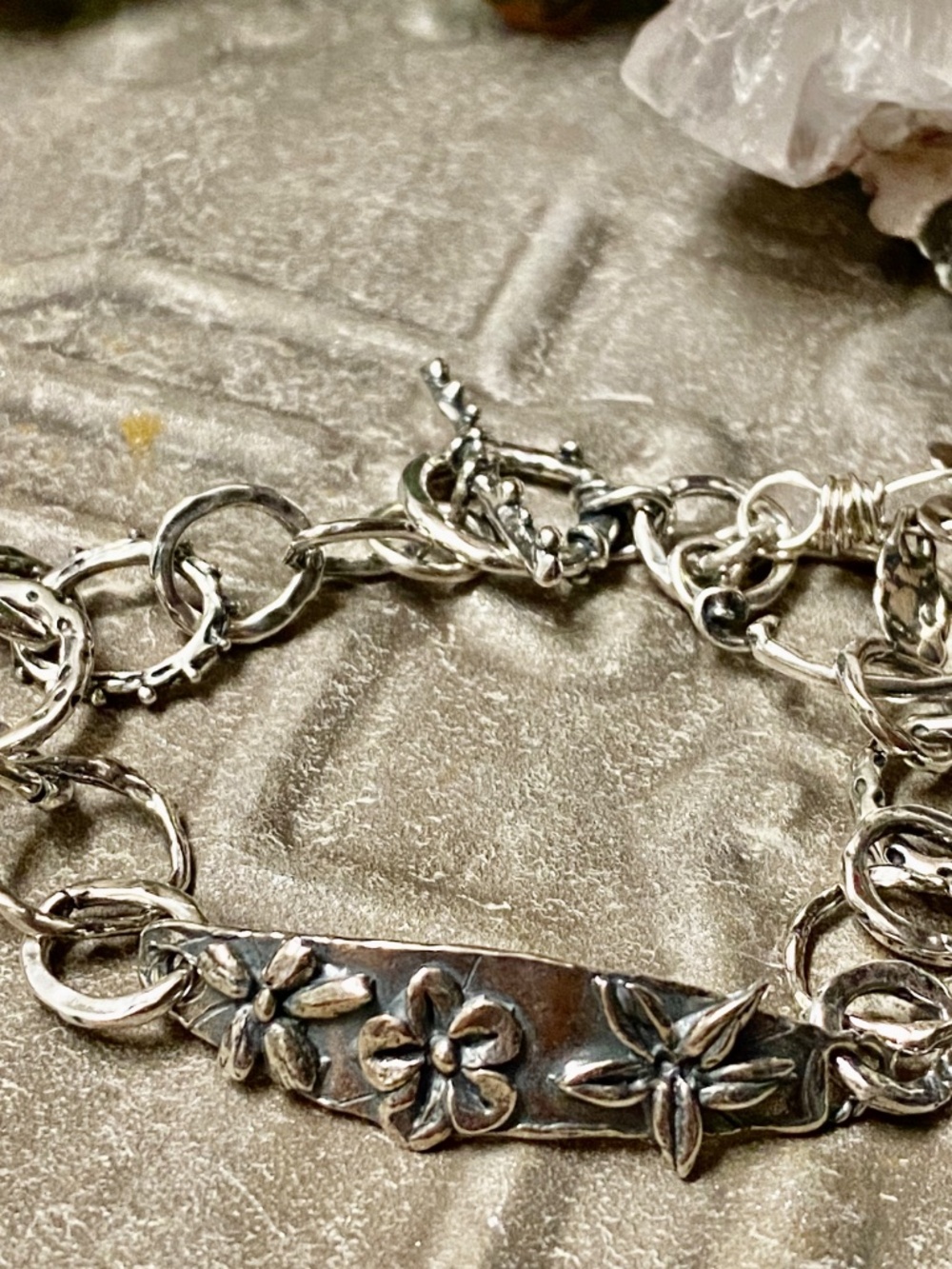 Sterling Silver 925 Boho Flower Handmade Unique Charm Link Bracelet